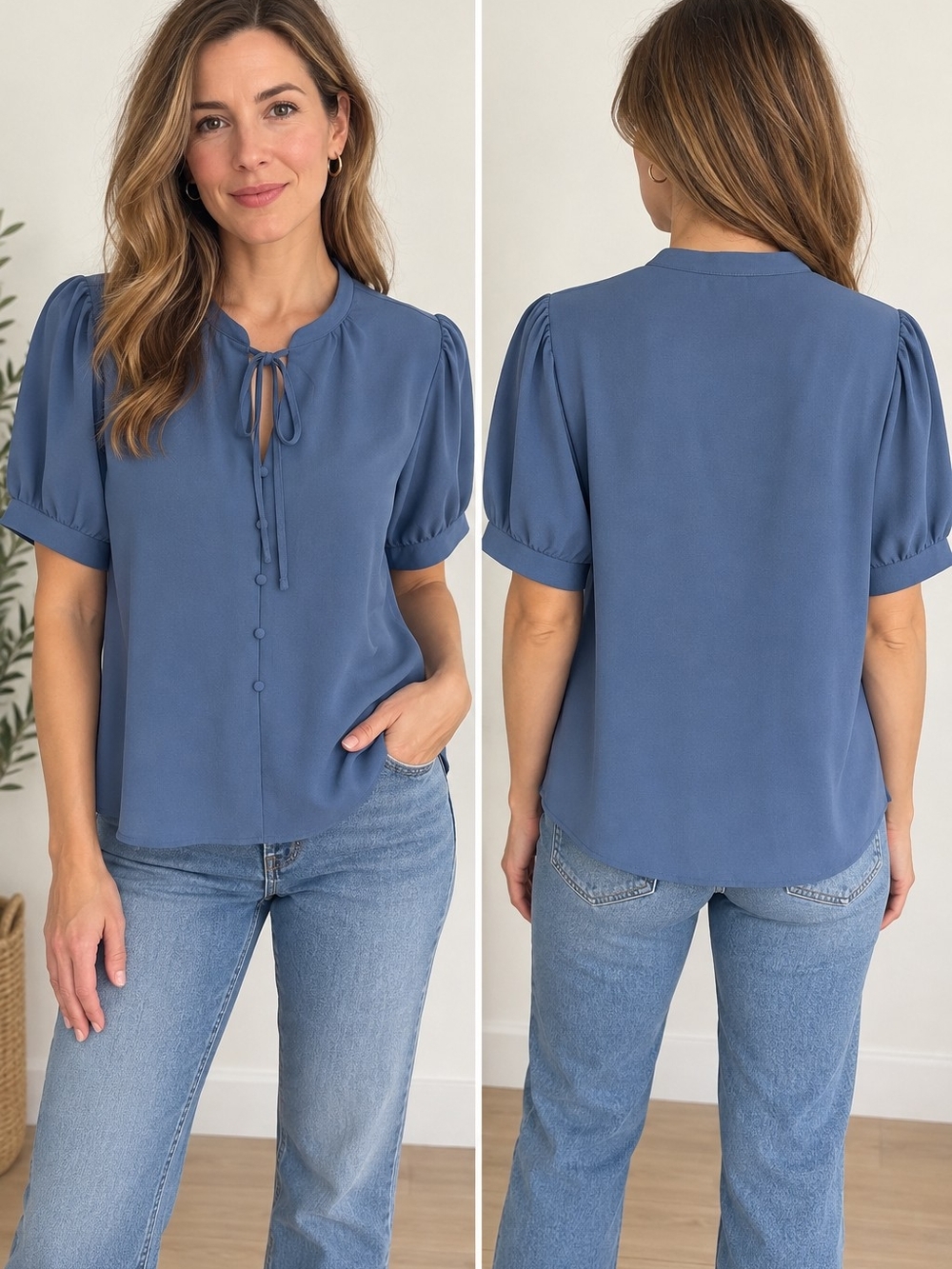 SHEIN Dusty Blue Tie-Front Puff Sleeve Blouse